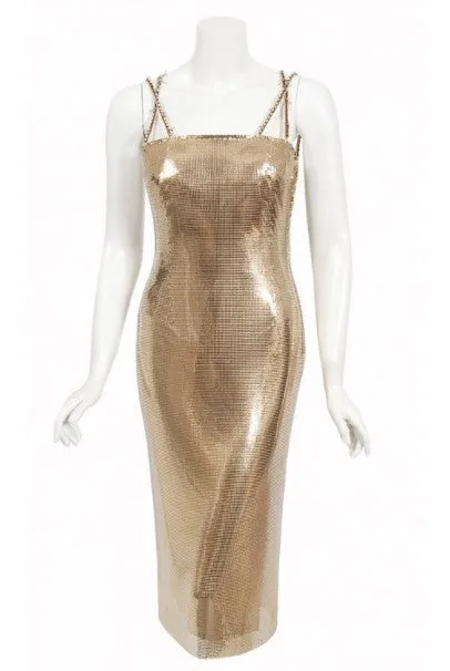 1998 Gianni Versace Couture Documented Runway Gold Metal Mesh Hourglass Dress