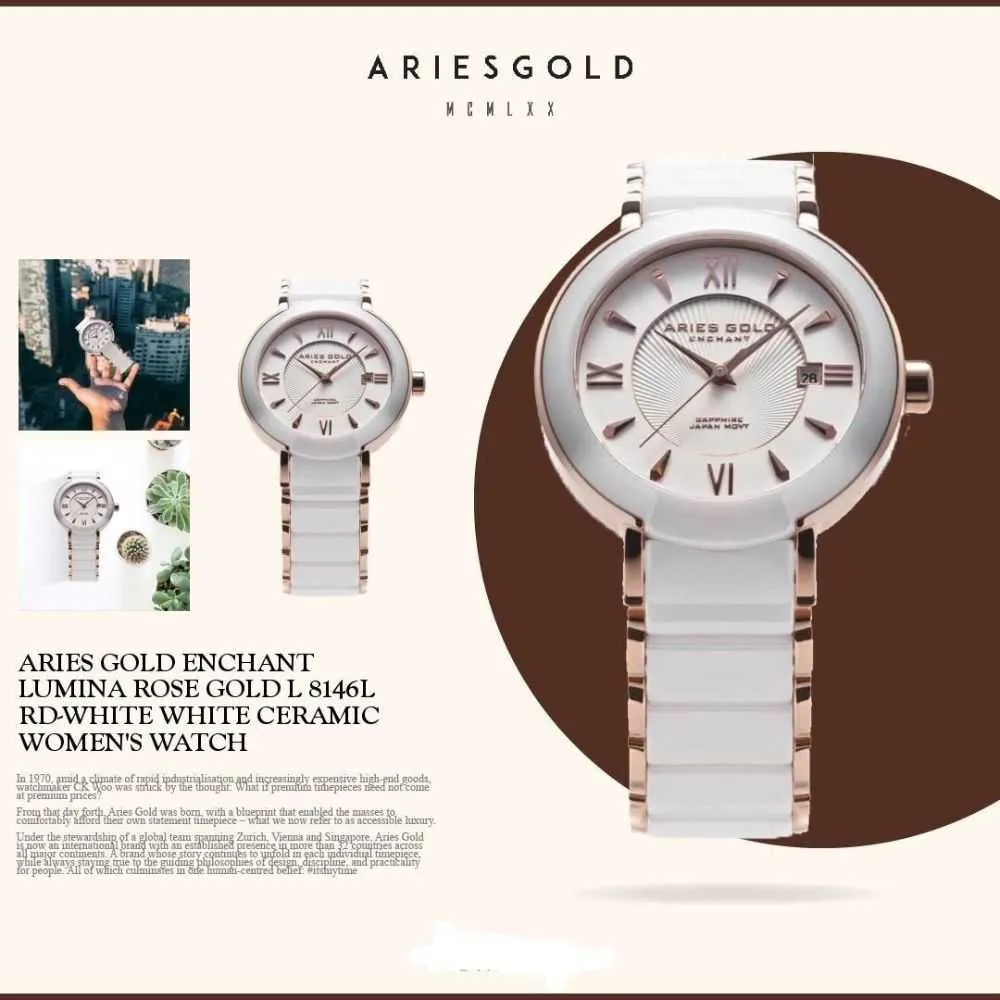 ARIES GOLD ENCHANT LUMINA ROSE GOLD L 8146L RD-WHITE WHITE CERAMIC WOMEN'S WATCH