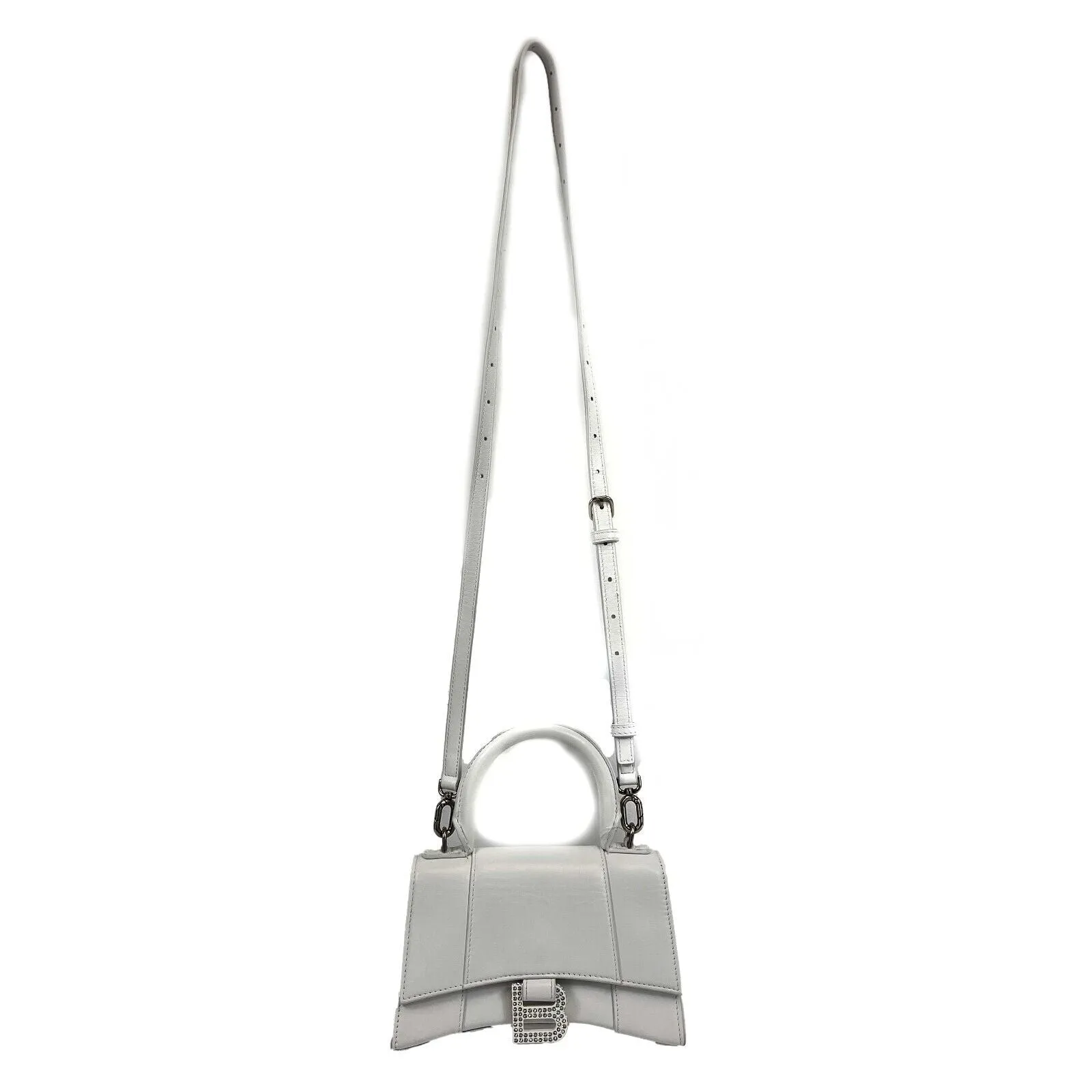 Balenciaga - Hourglass Crystal Logo Leather Top Handle Bag XS - White Crossbody