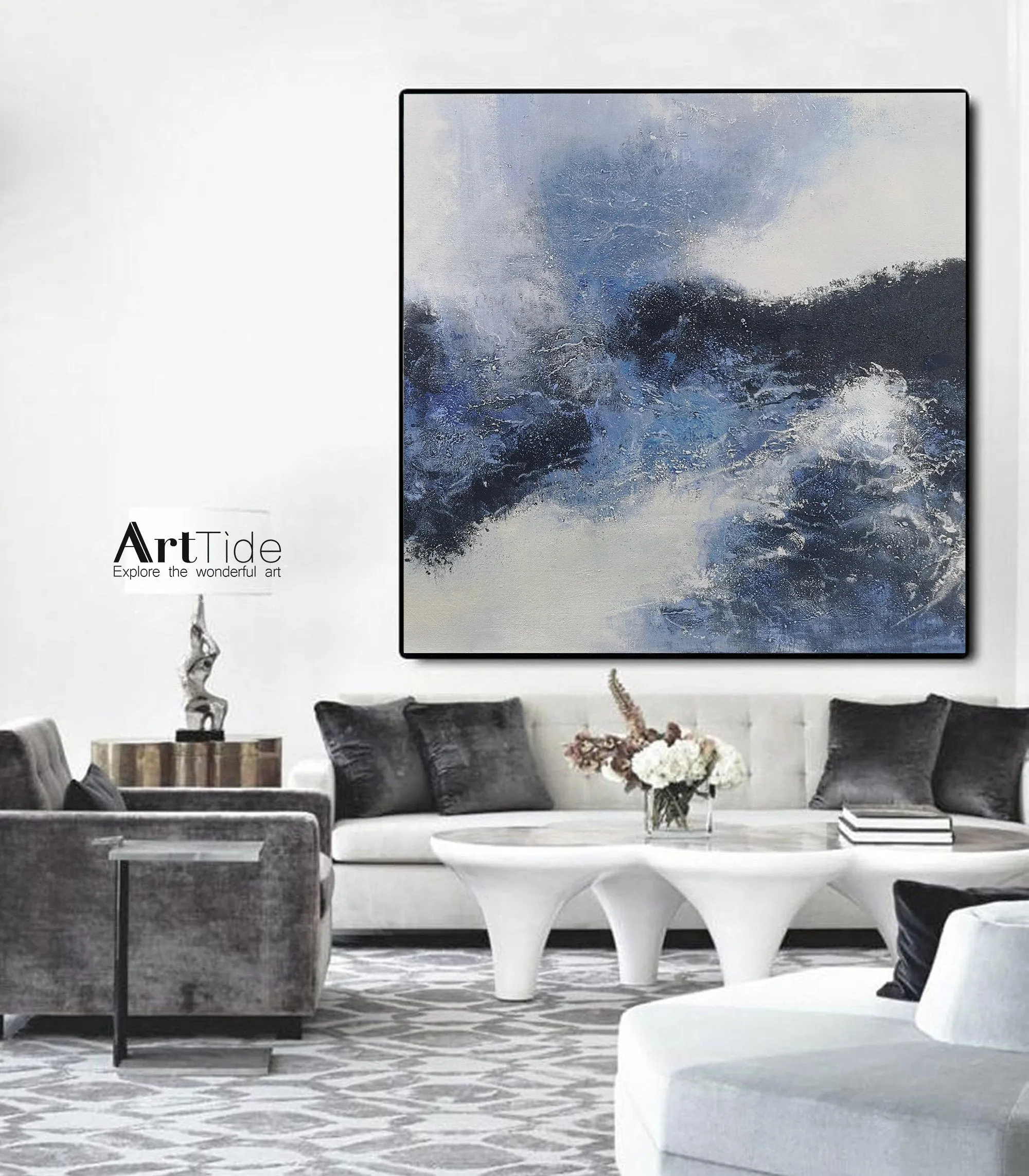 Blue And Black White Abstract Painting Minimalist Art Qp095