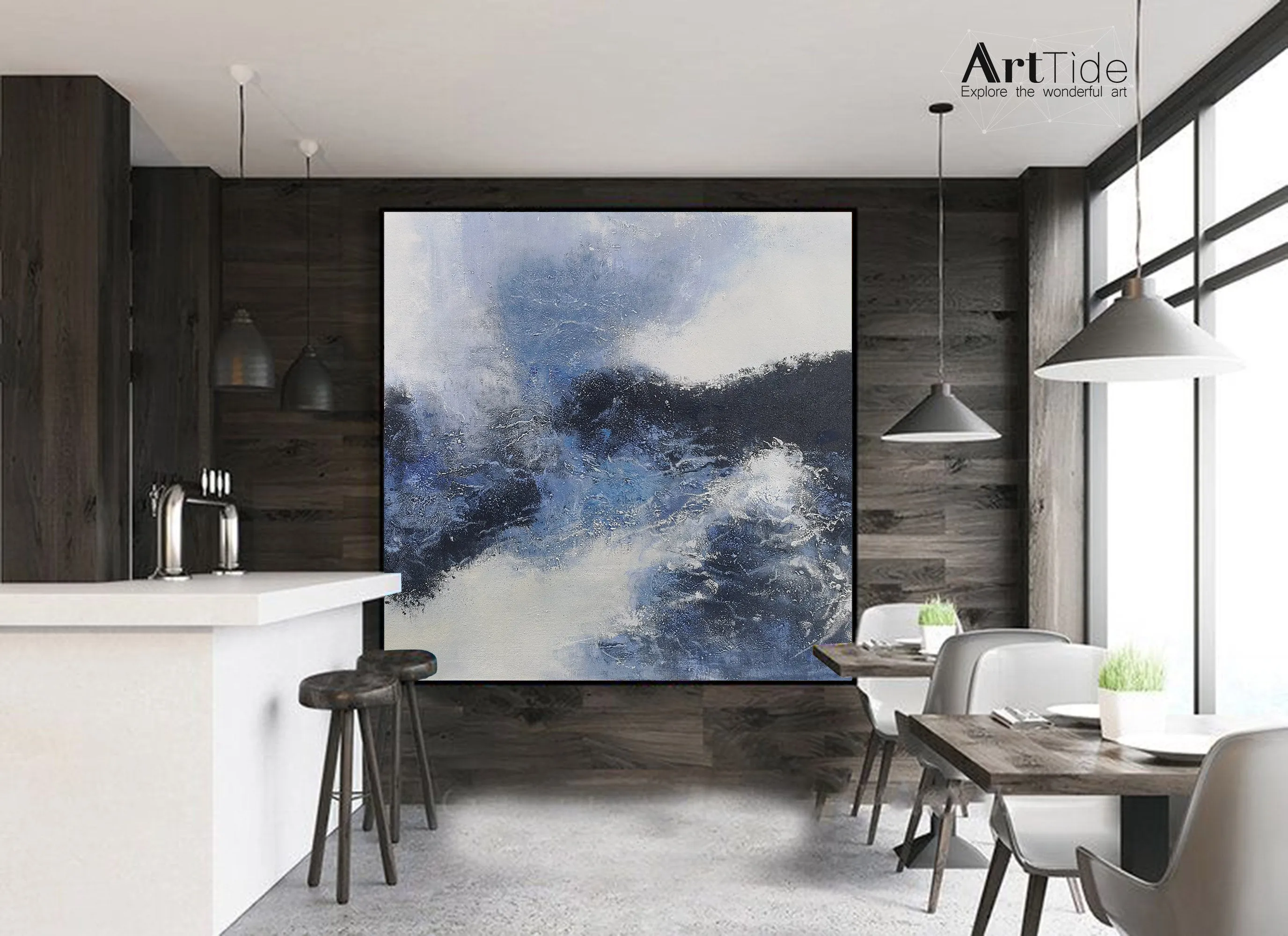 Blue And Black White Abstract Painting Minimalist Art Qp095