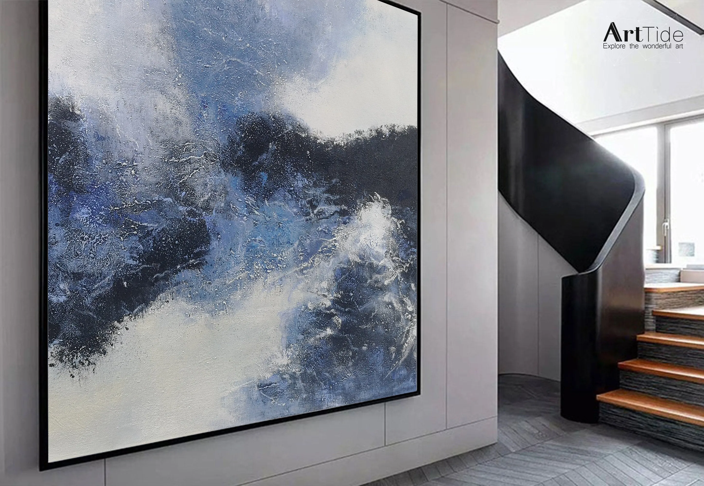 Blue And Black White Abstract Painting Minimalist Art Qp095