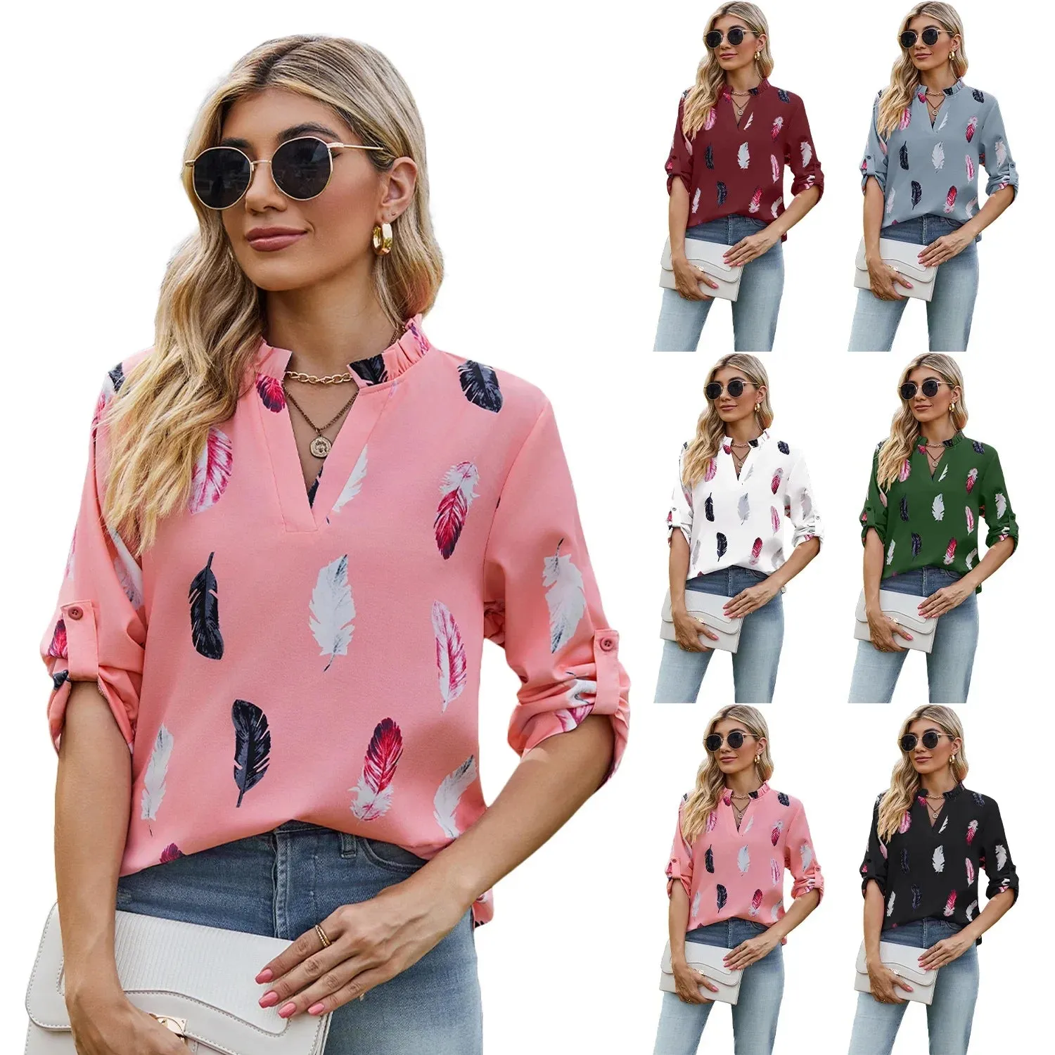 Fashion Woman Blouse Shirts For Women  Autumn Top Half Sleeve Feather Pink Red Green Navy Female Tops Women's Clothing