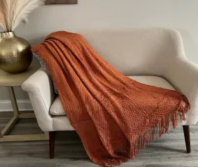 Nordic Knitted Blanket For Couch, Rust Knitted Throw Blanket With Tassels, Cozy Knitted Blanket For Bedroom, Housewarming Gift for Her