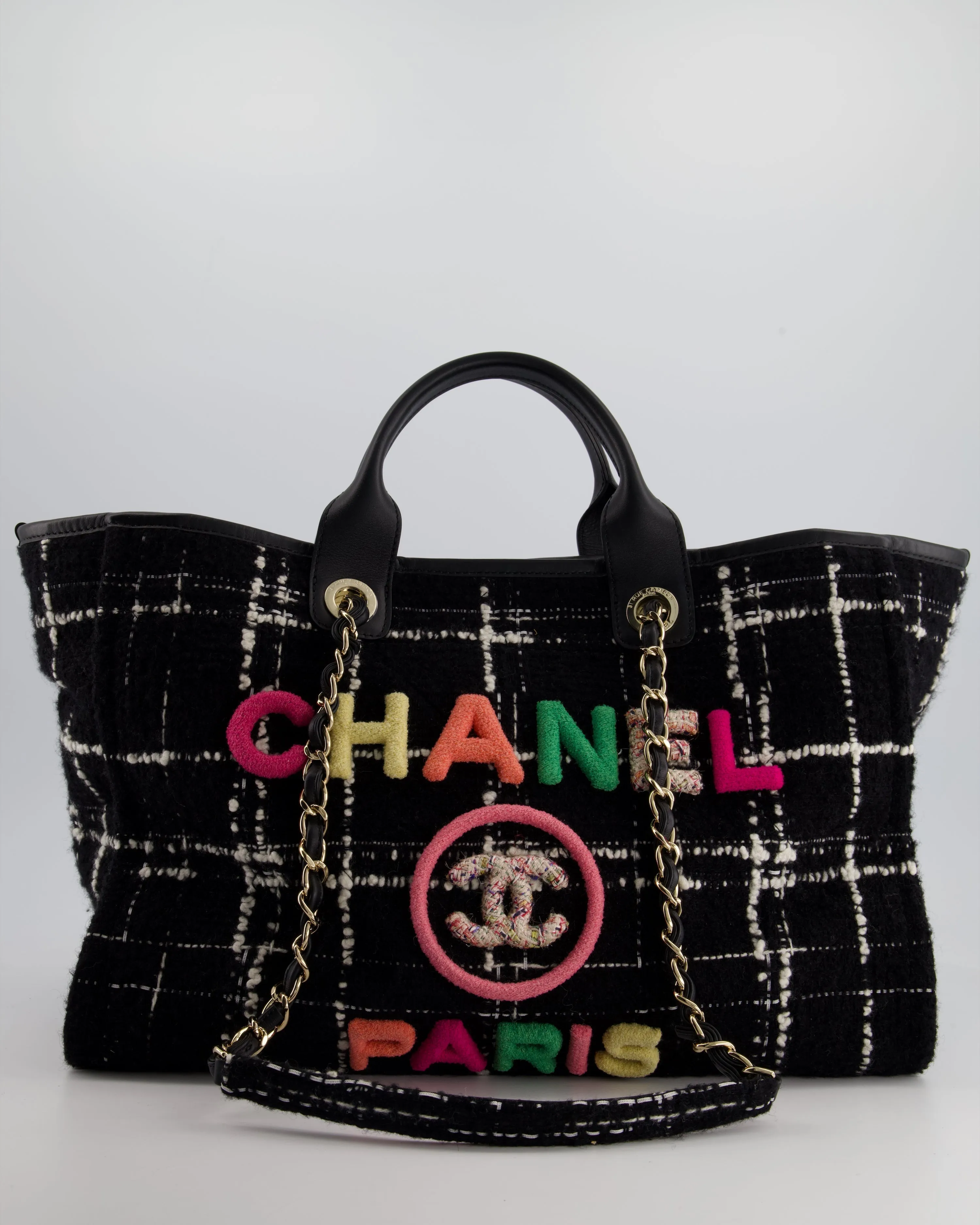 *RUNWAY PIECE* Chanel Fall / Winter 2022 Medium Black and White Wool Deauville Tote Bag with Multicolour Logo and Champagne Gold Hardware