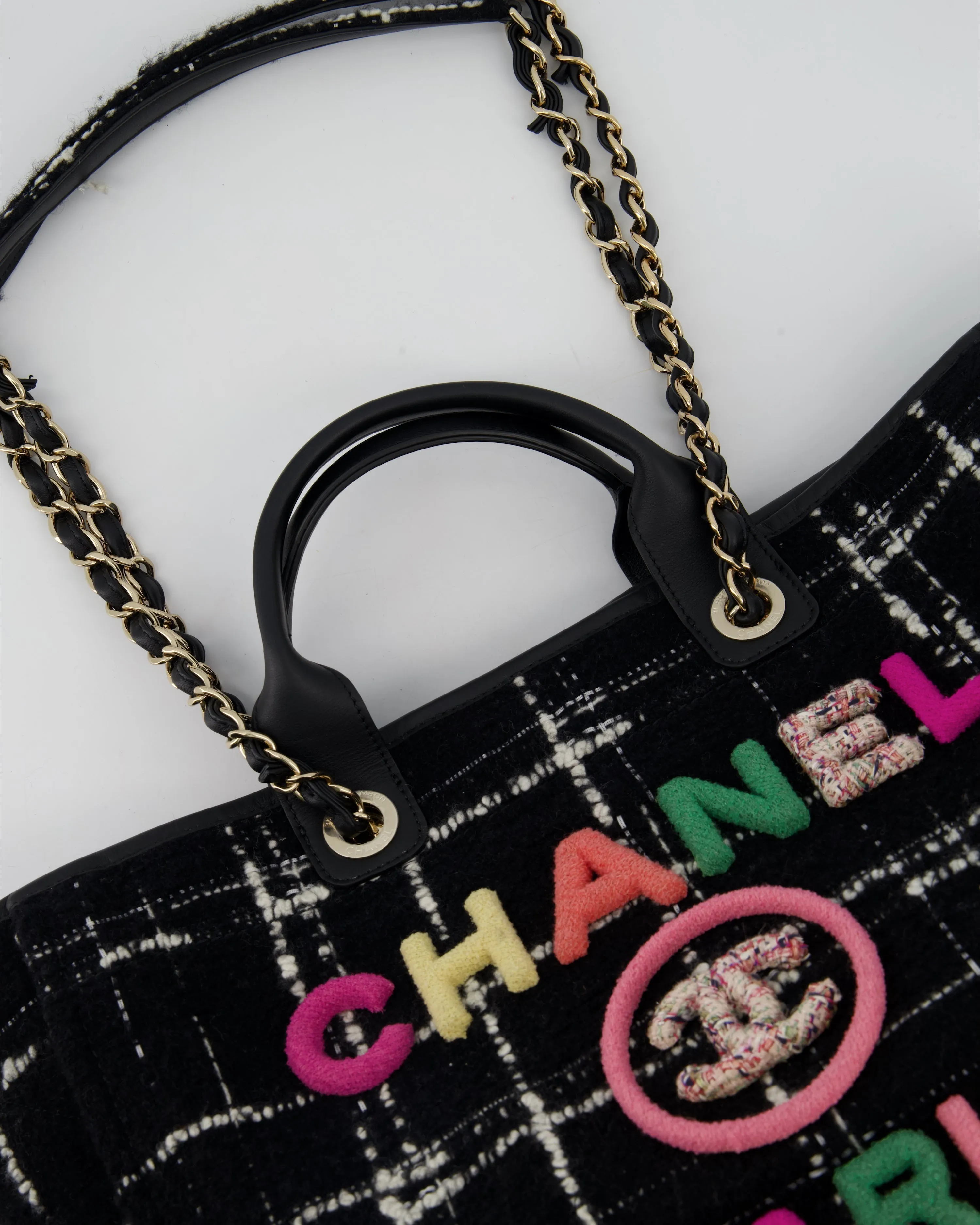 *RUNWAY PIECE* Chanel Fall / Winter 2022 Medium Black and White Wool Deauville Tote Bag with Multicolour Logo and Champagne Gold Hardware